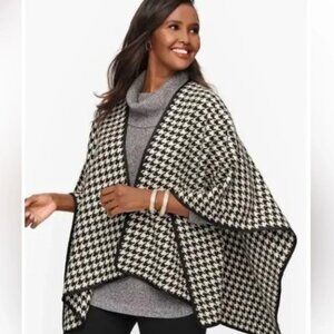 Talbots Womens Black Houndstooth Plaid Wool Shaw kimono RUANA Size xs/small